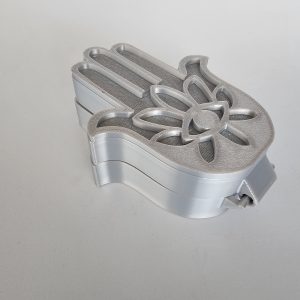 Cajita joyero Mano de Fátima plateada impresa en 3D